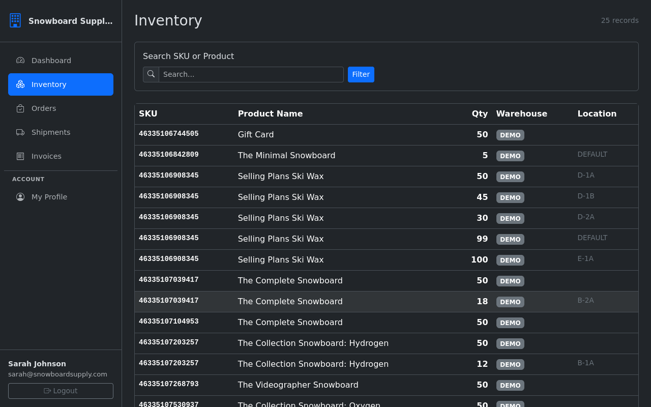 Client portal inventory view with bin locations