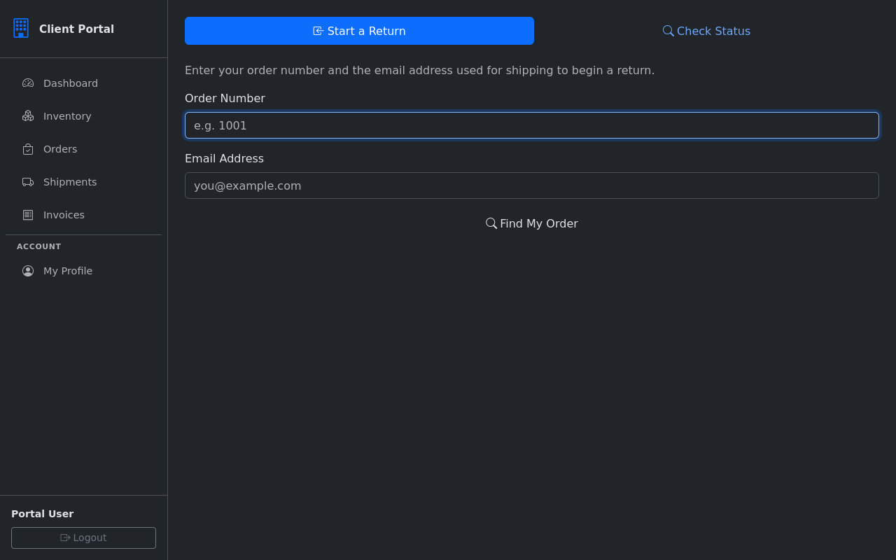 Customer returns portal landing page