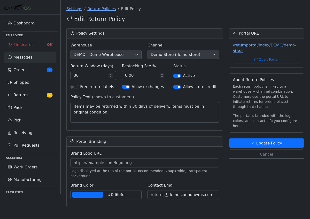 Return policy edit view