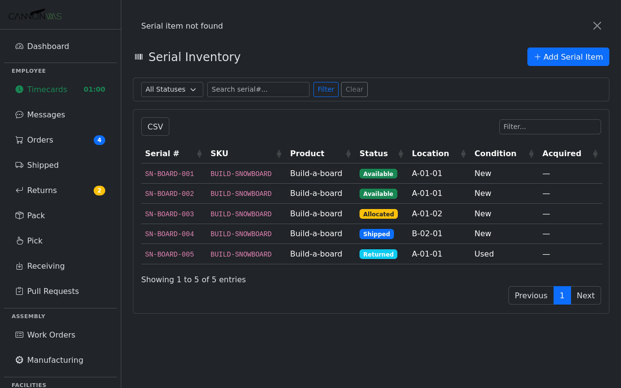 Serial item detail view with attributes and photos