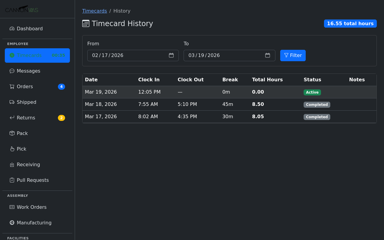 Timecard history and clock out records